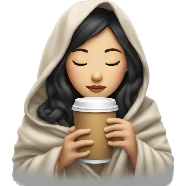asian girl inside a blanket sipping coffee eyes closed emoji
