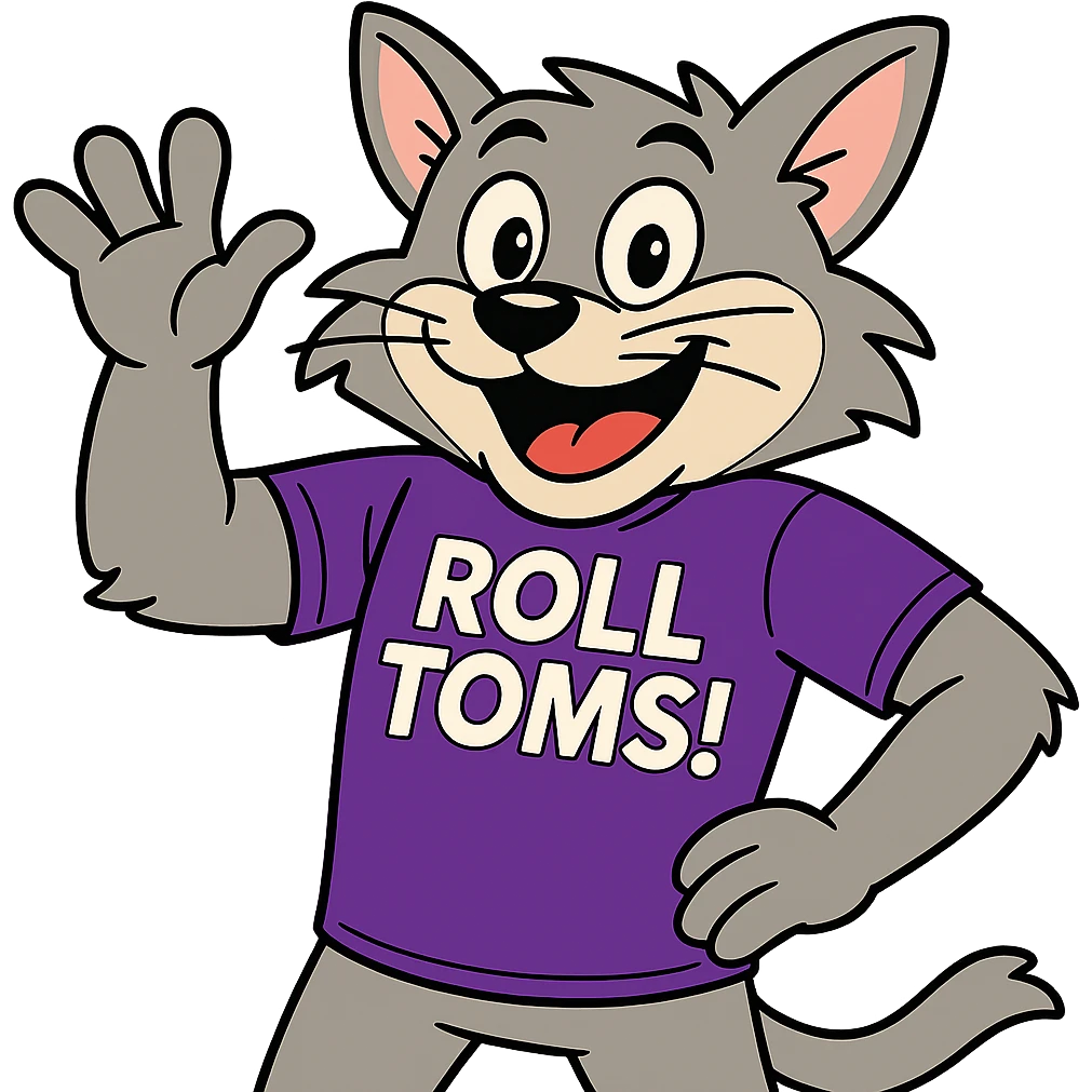 Make Tommie the Tomcat look more cartoonish, waving and looking energetic, keeping the purple t-shirt with 'Roll Toms!' text, no background. emoji