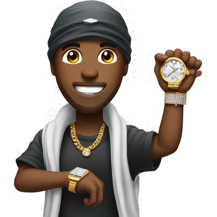 Emoji with grillz and durag showing his wrist with an diamond watch emoji
