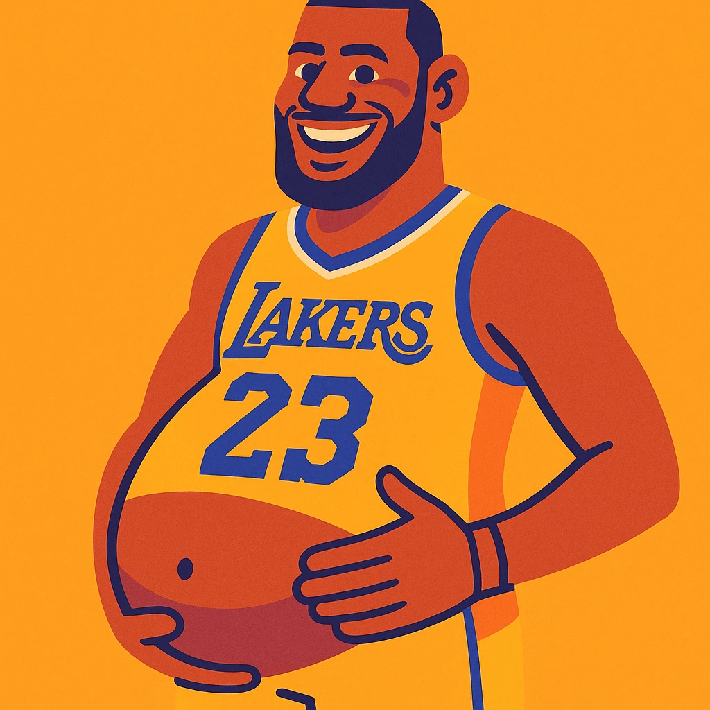 playful illustration of LeBron James with a baby bump, smiling emoji