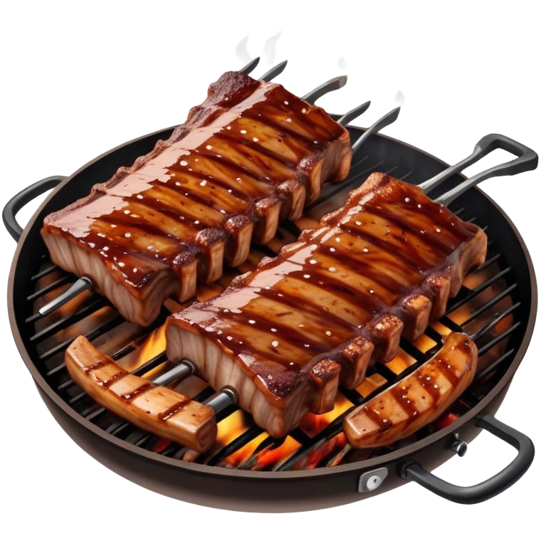 Cinematic juicy grilled ribs, glistening with smoky barbecue sauce, charred edges, tender meat falling off the bone, sizzling on a hot grill, mouthwatering and rich, warm and inviting, ultra-realistic and delicious. emoji