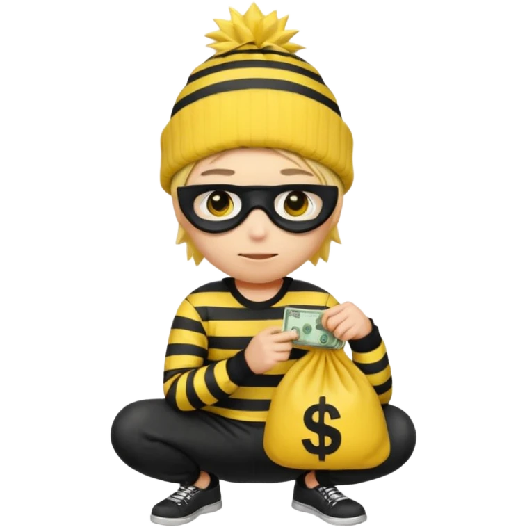 An Apple style rubber emoji is wearing a black beanie and has yellow hair that is spiky but flat hanging out from under it and the robber is wearing a striped shirt and has yellow skin and black eye mask. He also has the money back over his shoulder and is sort of crouching. emoji