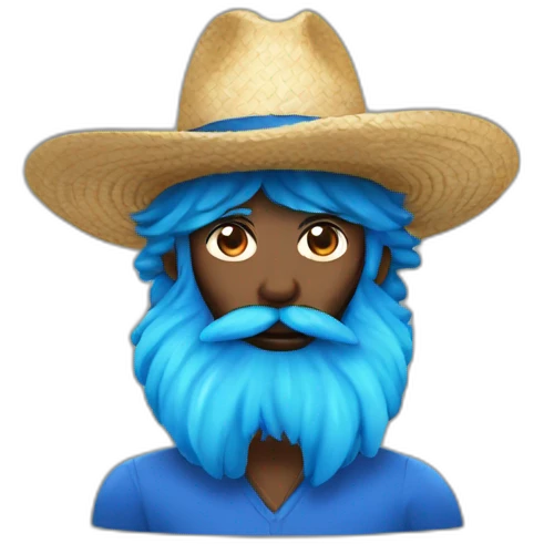 a man black beard and mustache wearing straw hat with large blue hair emoji