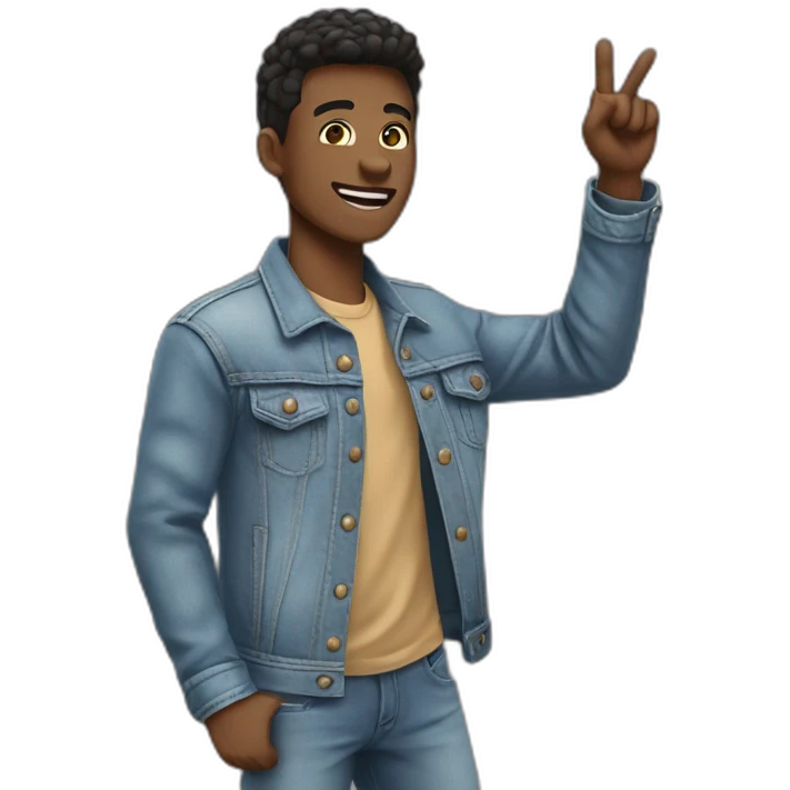 Cool person in denim jacket pointing upward from left hand skin color light. Make look face with emoji emoji