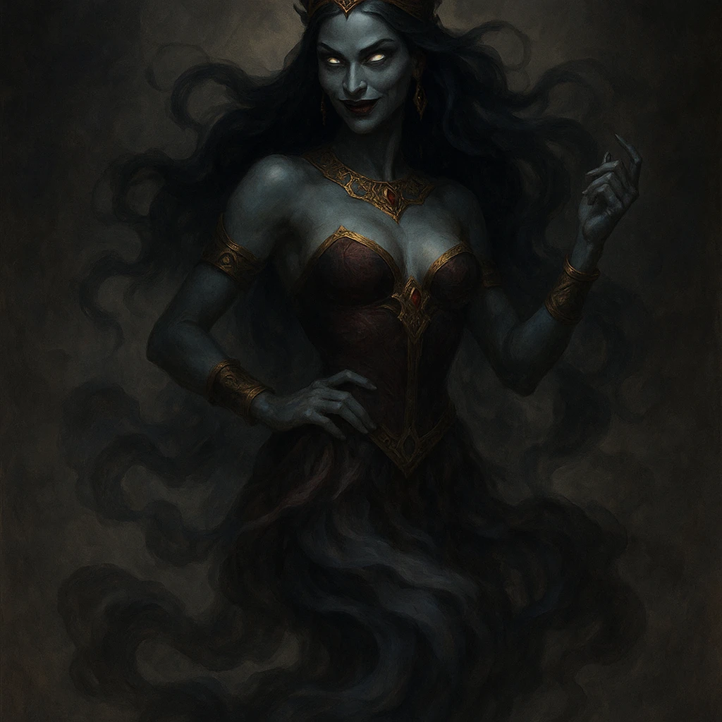 a beautiful but evil jinn queen, ethereal, smoke-like lower body, regal pose, sinister expression, fantasy art emoji