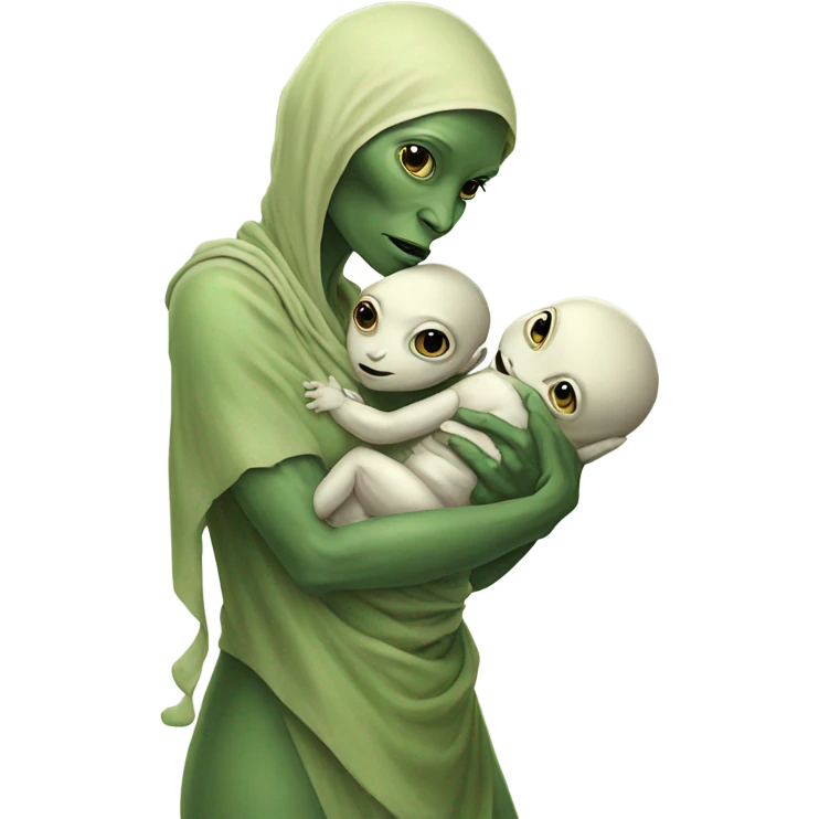  Reptilian alien woman , full body,  holds a newborn white humman baby emoji