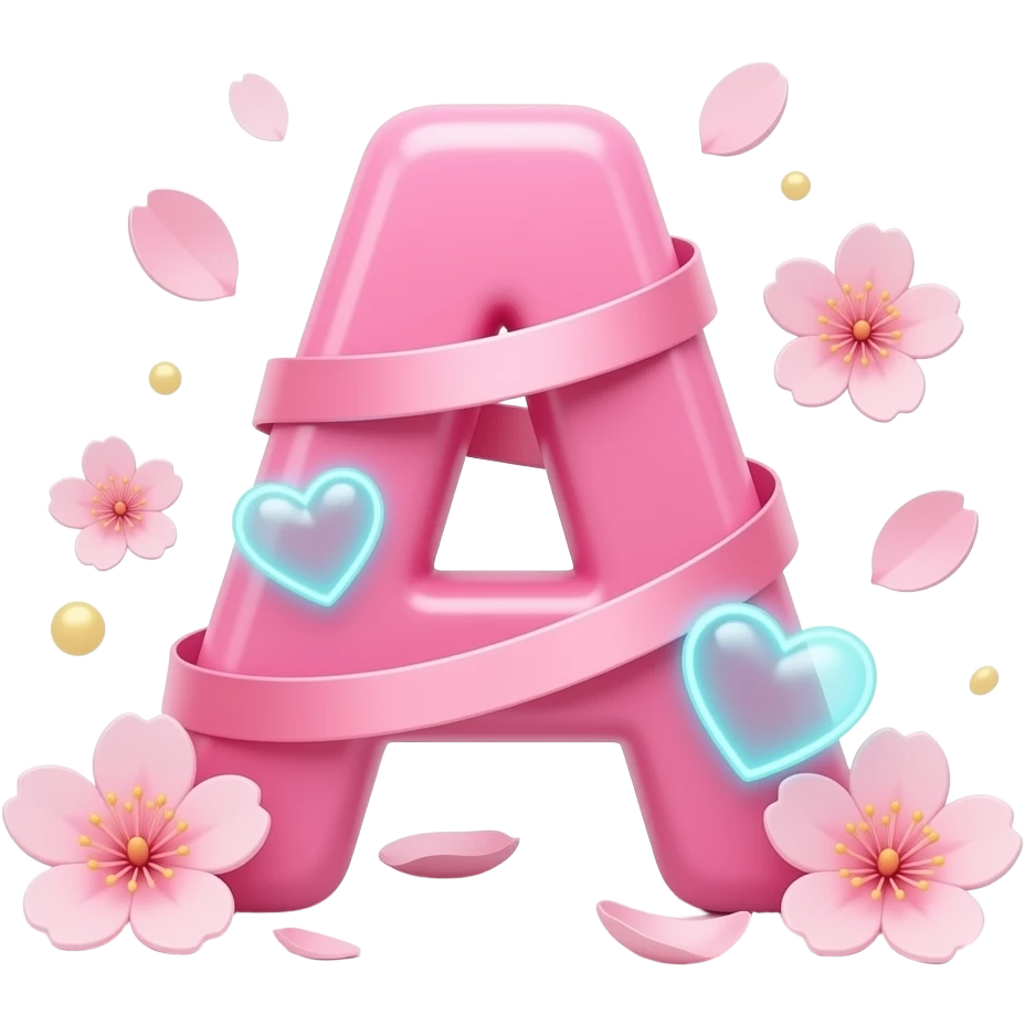 A sleek, hot pink 3D letter 'A' adorned with satin ribbons and glowing neon-blue hearts. Surrounded by floating cherry blossom petals and golden bokeh. Vibrant, modern, and feminine with a cinematic glow emoji