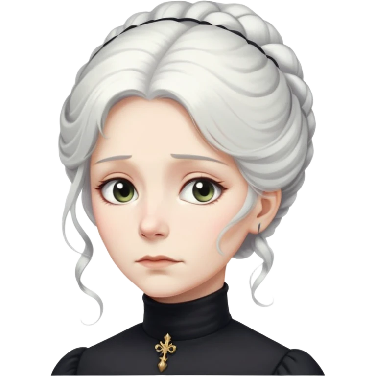 A Victorian woman with elegant coiffed white hair and light eyes wearing a modest black turtleneck mourning dress looking down with a forlorn expression emoji