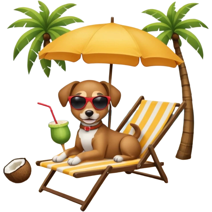 a dog laied on a beach chair, a sunny beach, a sun umbrella, and beach coconut trees. the icon should capture the essence of a relaxing beach vacation with a carefree atmosphere emoji