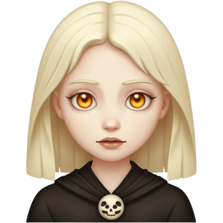 Stylized cult cartoon girl emoji, eerie-cute aesthetic, symmetrical design, subtle spooky vibe, glowing eyes, chanting “AMILK”, bold graphic icon emoji