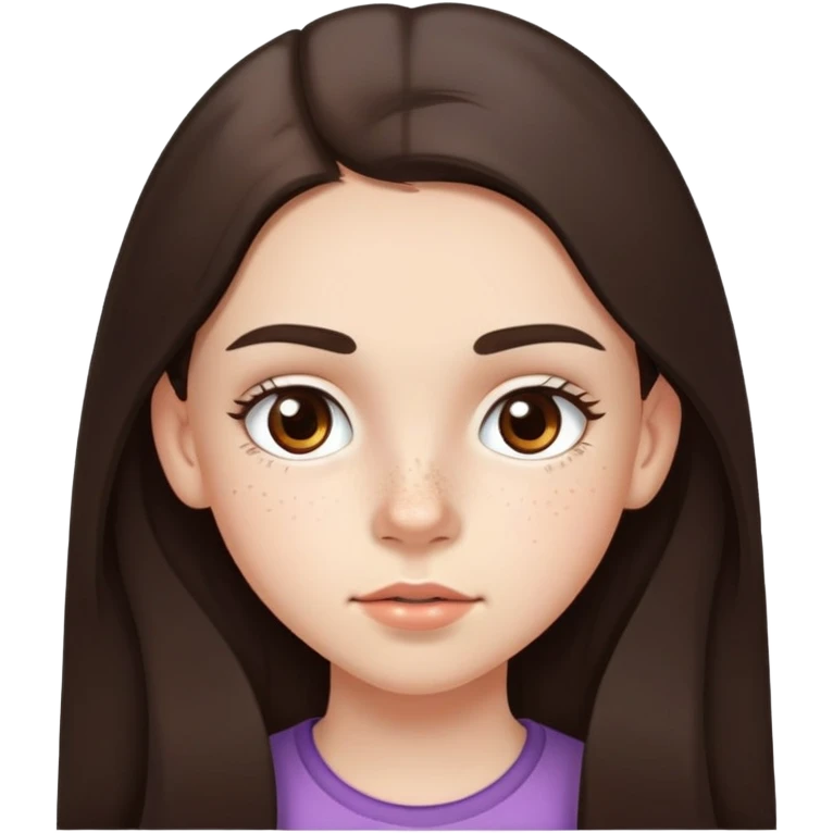 A 12-year-old girl with very long dark brown hair, light brown eyes, thick eyebrows, slightly big lips, a small freckle on her cheek and another small freckle under her eye emoji