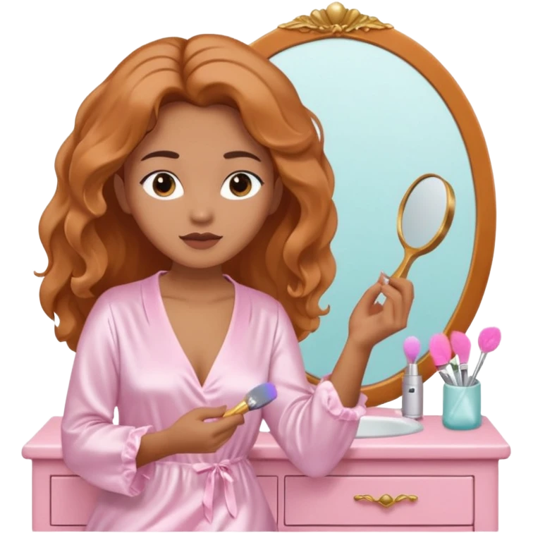 Mixed-race woman with caramel skin, wearing a white satin nightgown, brushing her hair in front of a pastel pink vanity emoji