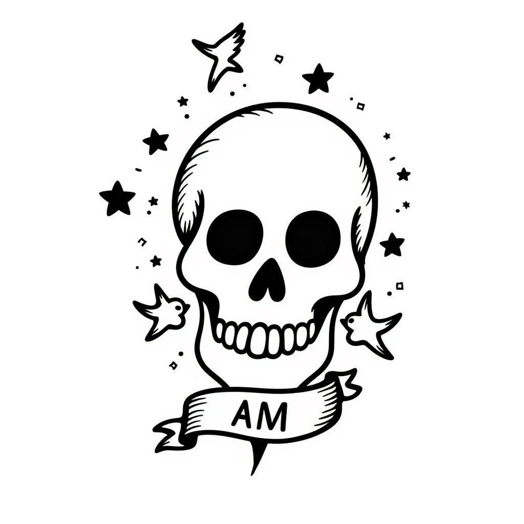 Old school Americana tattoo skull with nautical stars and swallows emoji