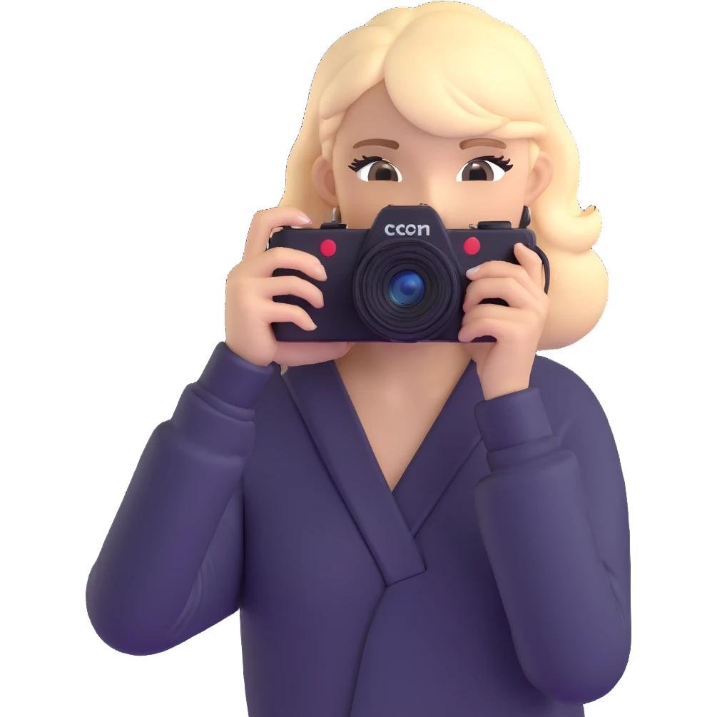 Professional European fashion model during photoshoot, posing while taking photo with camera emoji