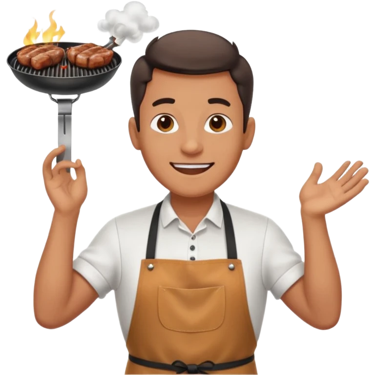 A cheerful man in an apron flipping meat on a sizzling grill with smoke puffing upward. emoji