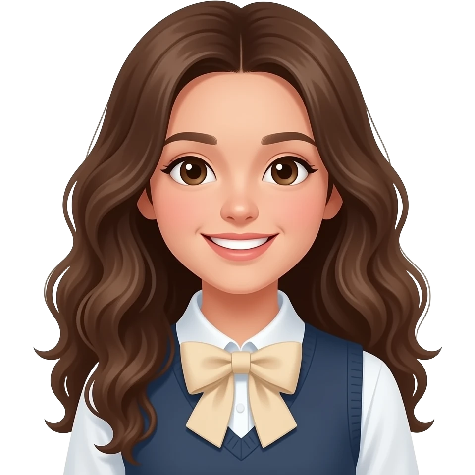 A female student with long, fair skin, naturally curled hair, a bright smile, and a minimalist white or beige bow. emoji
