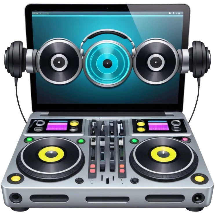 Create a professional and technical emoji that represents remixing music. The design should feature a high-end DJ controller, turntables with vinyl records, and a sound mixing console with faders to symbolize the technical aspects of remixing. Include elements like studio headphones and a laptop or digital audio workstation (DAW) screen to reflect the tools used in music production. Use colors like black, silver, and neon accents to convey the professional, high-tech nature of remixing. The background should be transparent. emoji