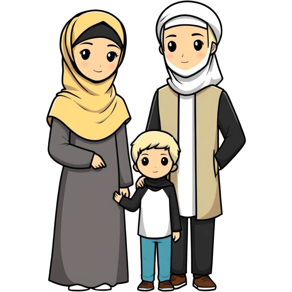 Hijabi women a man with white black hair and a son with blond hair emoji