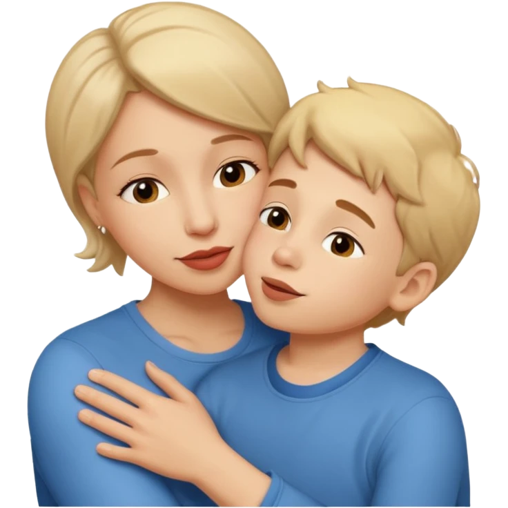 A mother and her young son hug and kiss on the lips. emoji