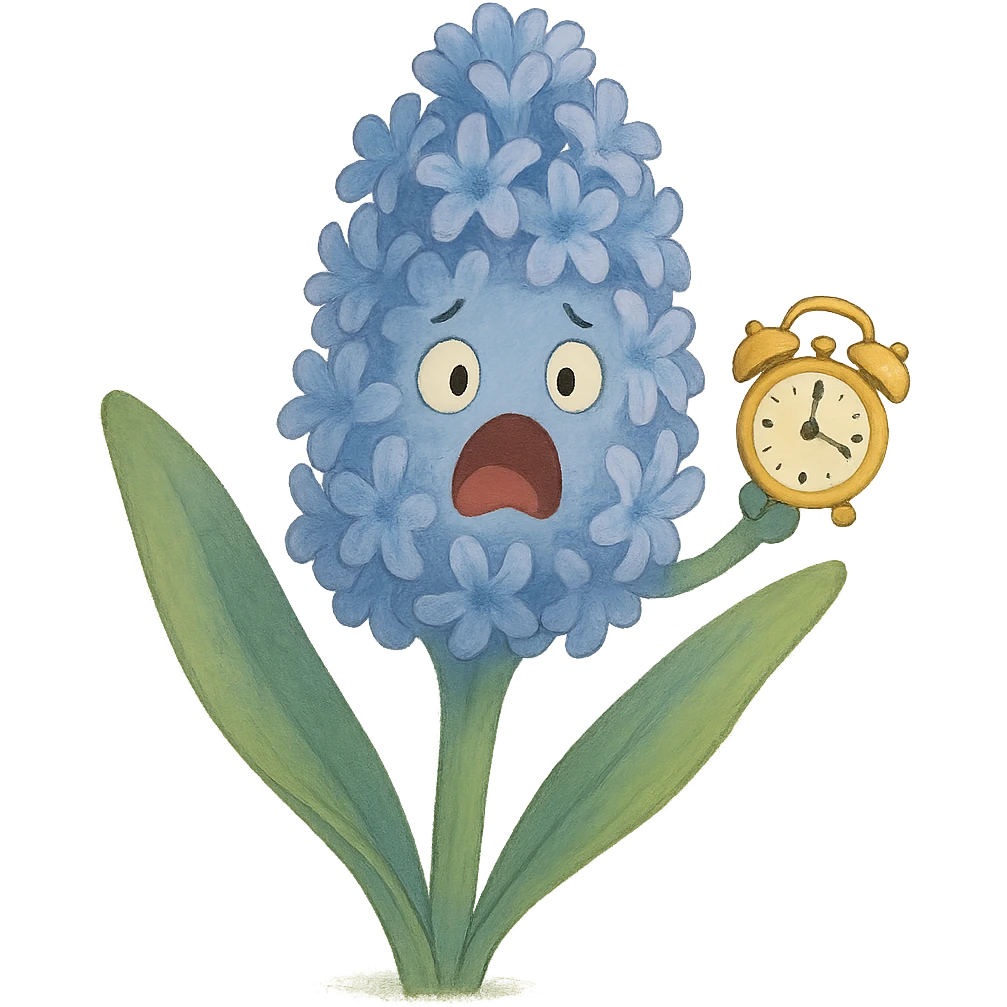 pastel blue hyacinth flower with alarmed eyes and a screaming mouth, waving a tiny alarm clock, fluffy and round, soft ghibli style emoji