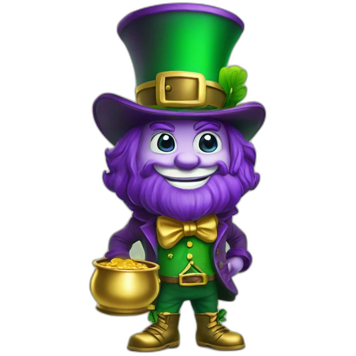 A mascot leprechaun green and purple cartoon character with a gold pot to my company ProsperOn emoji