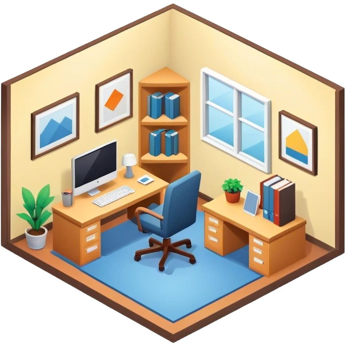 An isometric 3D room with two walls that meet at the back left and right. Home Office emoji