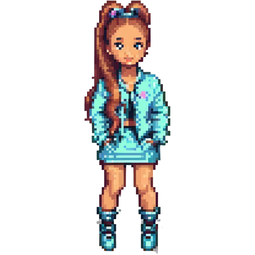 Ariana Grande pixel art icon with high ponytail, stylish outfit, pop star pose emoji