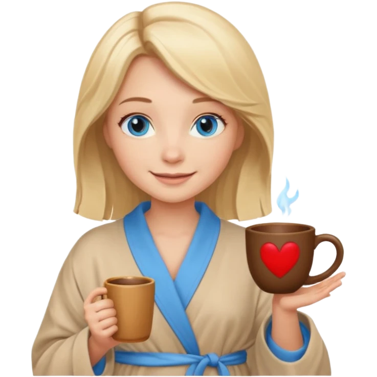 cozy blonde girl with middle length hair and blue eyes holds a brown cup in abeige  robe emoji