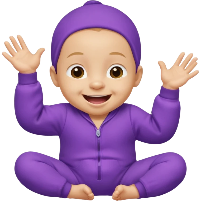 A baby wearing a purple onesie, laughing joyfully. hands down emoji