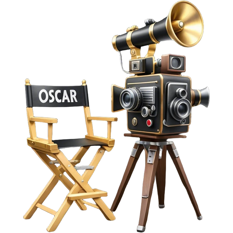 Icon for Directing: a director's chair, a large film camera, a megaphone, a stage set with lights and an Oscar statuette. The icon should represent the creative and leadership aspects of directing, with focus on film and theater production. Transparent background. emoji