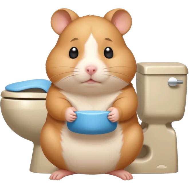 Cute chubby cartoon-style hamster sitting on toilet pooping looking guilty with thought bubble thinking about chilli  emoji
