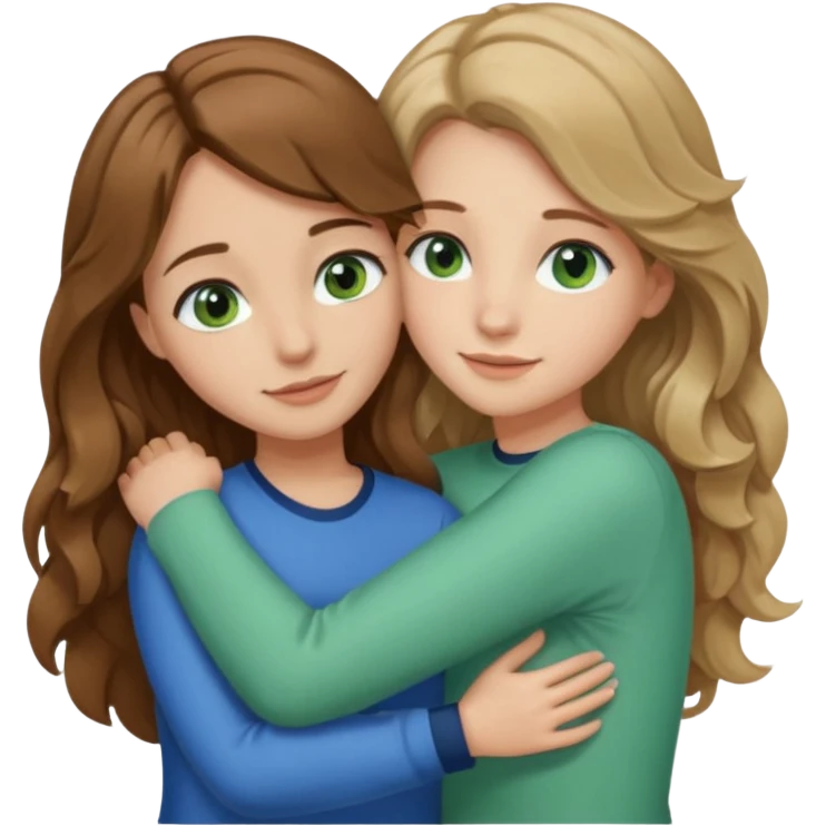 make me and my best friend togheter i have shoulder-lenght brown hair and light brown eyes and she has really long wavy hair blonde/brown hair and green/blue eyes we are hugging or taking a selfie  emoji