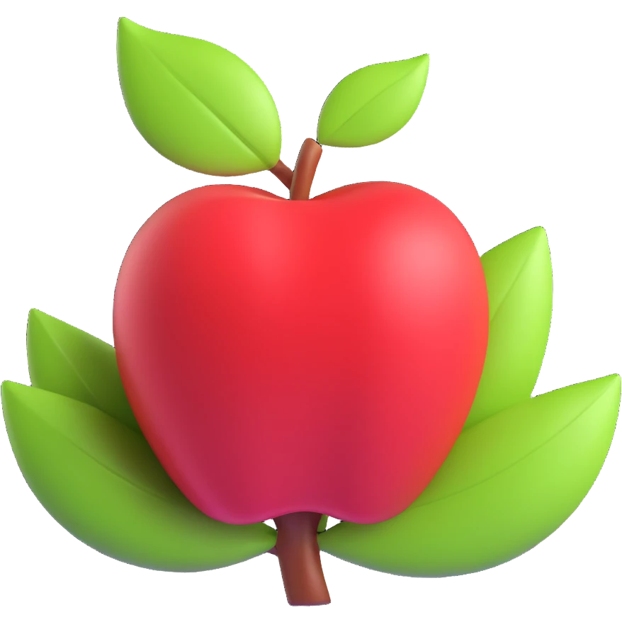 red apple with green leaf, 3D iOS style, volumetric shapes, pastel colors, soft lighting, modern iOS icon style, no background emoji