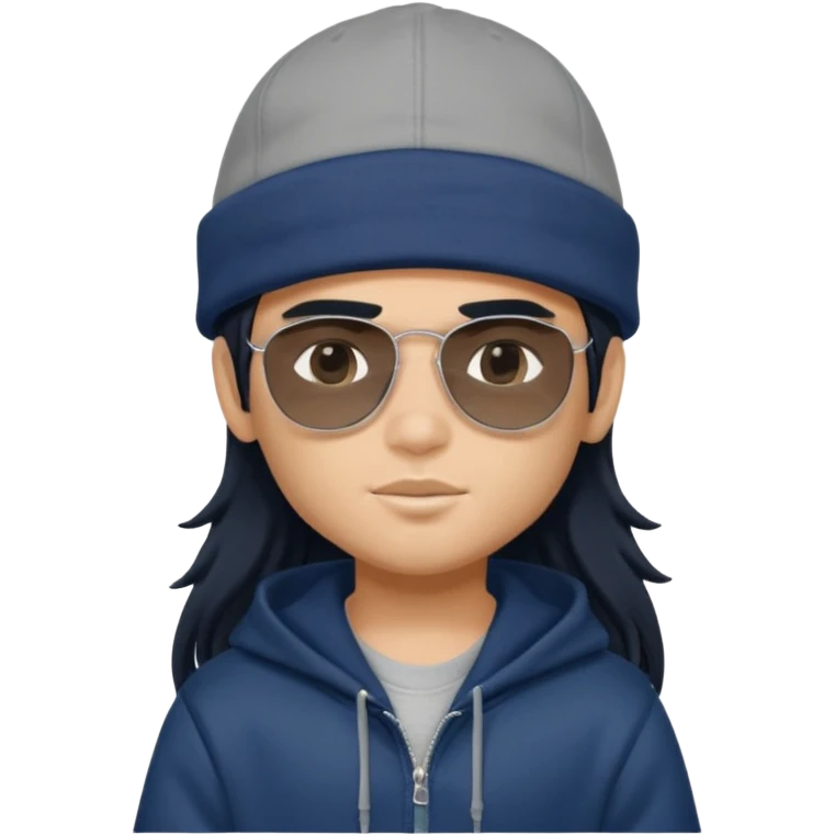 generate a fair pretty bratz boy wearing a dark blue cap with black sunglasses and a grey hoodie

hair black long emoji
