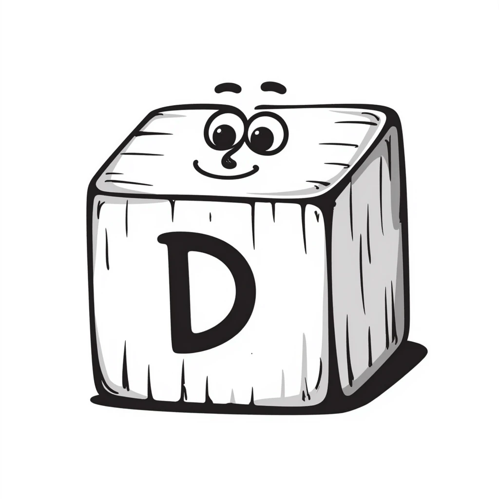 A hand-drawn wooden letter D block with a silly cute expression emoji