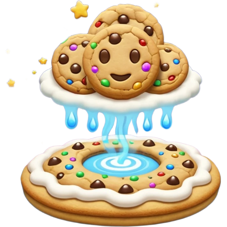 Divine floating cookie factory with golden architecture, infinite cookie stream, glowing aura, celestial clouds, epic emoji-style emoji