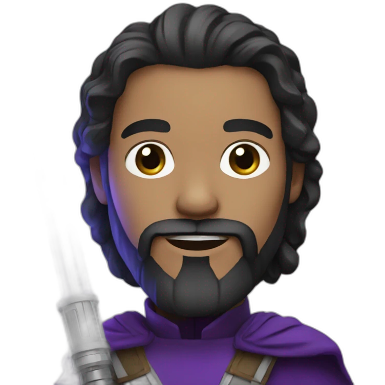 A white Portuguese with black and medium-length hair and a beard that holds a purple lightsaber emoji