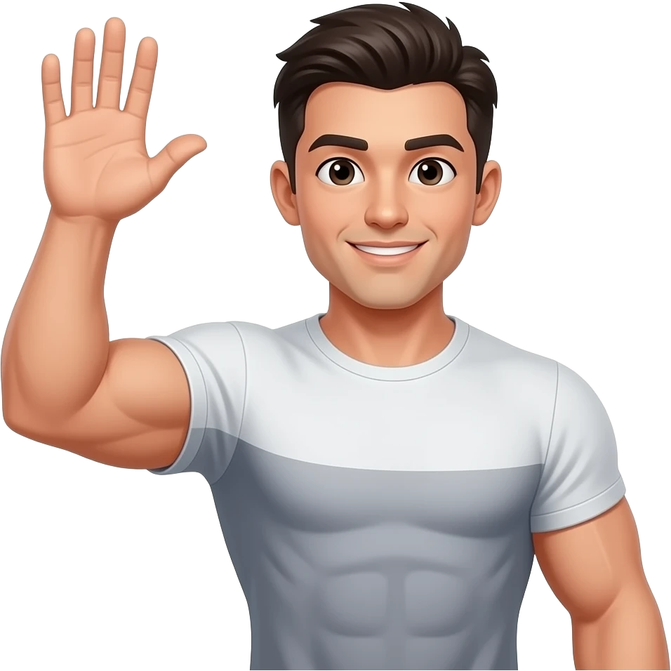 Muscular  man with dark hair raising open hand d emoji