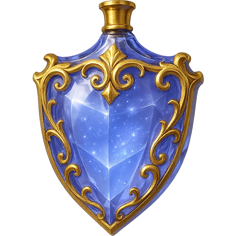 luxurious crystal elixir bottle shaped like a shield, color #7986cb, golden ornate details, magical shine, very small golden neck, seamless bottom, transparent background, bottle floating in air, no base or shadow, modern, collection style emoji