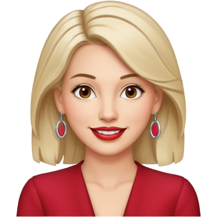 30 year old white woman with shoulder-length hair and brown eyes, left side of her hair tucked behind her ear, lipstick and hoop earrings, smiling, upper body portrait emoji