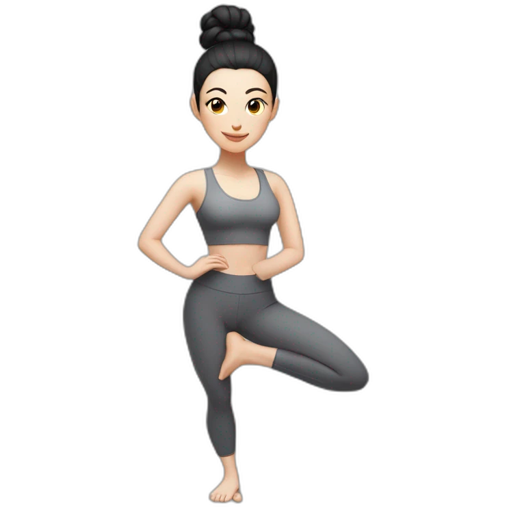 Pale skinned fit woman In a gray tight yoga suit and wristbands With black hair in a bun doing yoga emoji