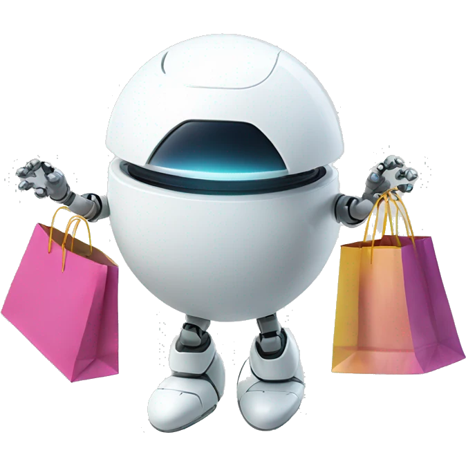 cute white floating spherical happy robot with floating shopping bags emoji