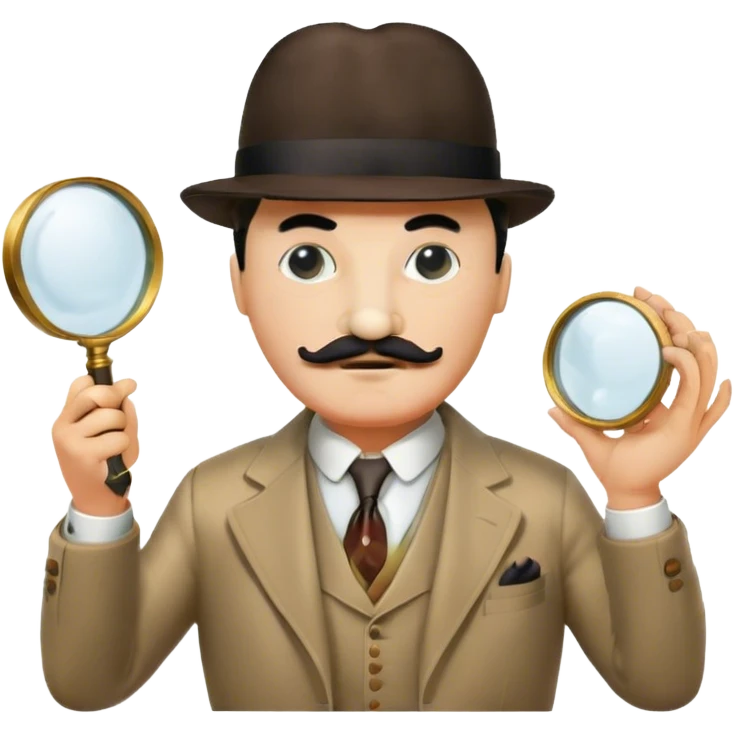 A cinematic-style frame showing Hercule Poirot in his iconic suit, with a magnifying glass, in a dramatic detective pose. Background should be dimly lit with an air of mystery, reflecting the atmosphere of a classic detective film. Transparent background. emoji