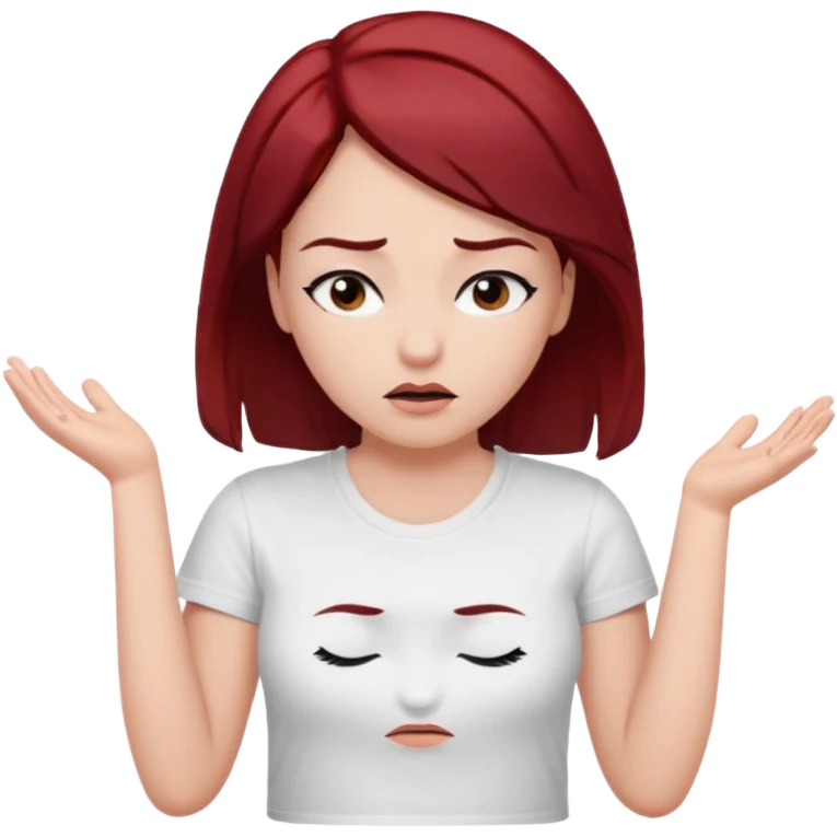 younger woman shrugging, eyes closed, white t-shirt, dark red hair, black eyebrows emoji
