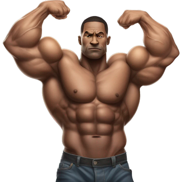 A hyper-muscular man with veins prominently visible across his massive arms and chest, each of his arms measuring 80 centimeters in width. his exaggerated physique creates an even more surreal and intense visual. emoji