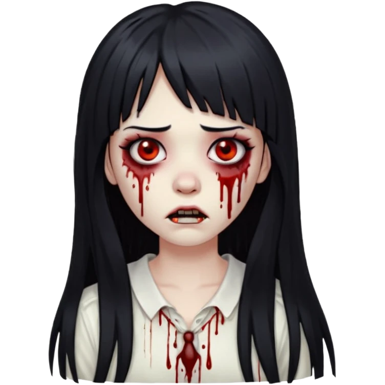 🧟‍♀️ faça igual esse emoji que coloquei só que com franja e piercing dos dois lado do nariz e no septo faça com cabelo longo preto e com a cara mais assustadora mais assustadora sem metade da bochecha cabelo mais longo e coloque com uma blusa branca  emoji