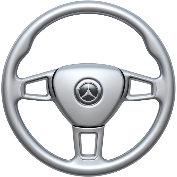 A futuristic steering wheel emoji made of silver chrome, minimal geometric design, smooth metallic surface, soft reflections, iOS emoji style, centered, clean white background emoji