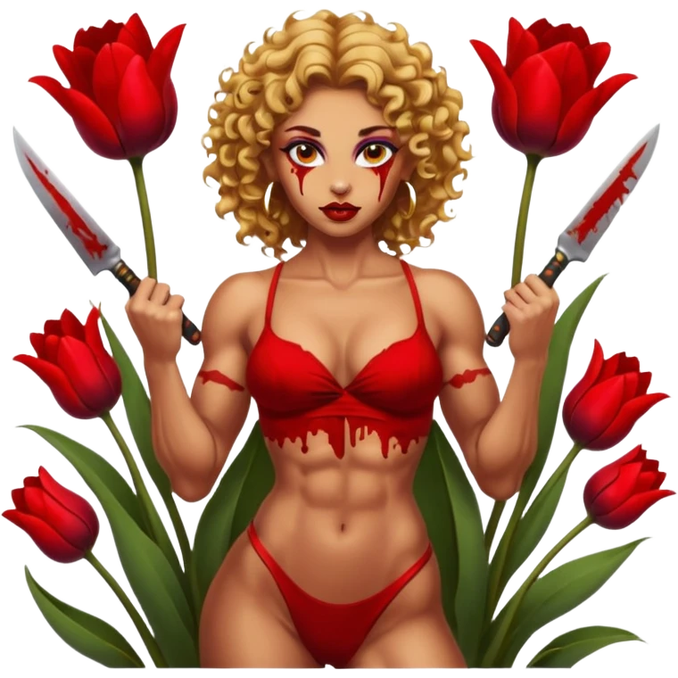 sexy tanned slavic girl, with bloody knives, sexy and muscled, golden curly flowers, flexing pose, full body nude, beautiful eyes with makeup, colored lips, makeup, earrings, tattoes, muscled and nude, surrounded by dark red tulips emoji