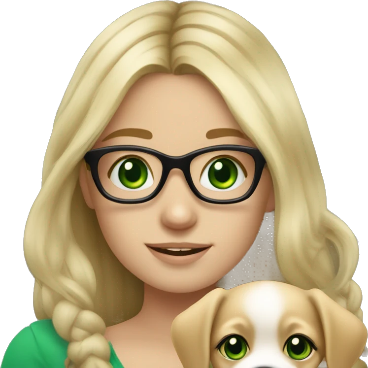 blond long hair girl with black framed glasses slavic face and green eyes smiling holding puppy emoji