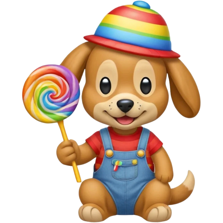Generate a emoji of a dog with a comically large rainbow swirly lollipop with a goofy silly propeller hat, make the dog wear a striped bright yellow, red, and blue shirt with jean overalls emoji